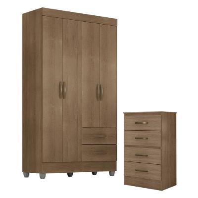 Guarda Roupa Solteiro 4 Portas E Cômoda 4 Gavetas Lite Carvalho Oak - Móveis Leão