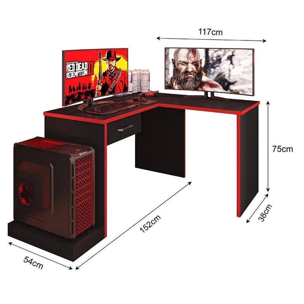 Mesa Para Computador Gamer Ambiente Drx 9000 Com Extensora Preto Trama Vermelho - Móveis Leão - 4