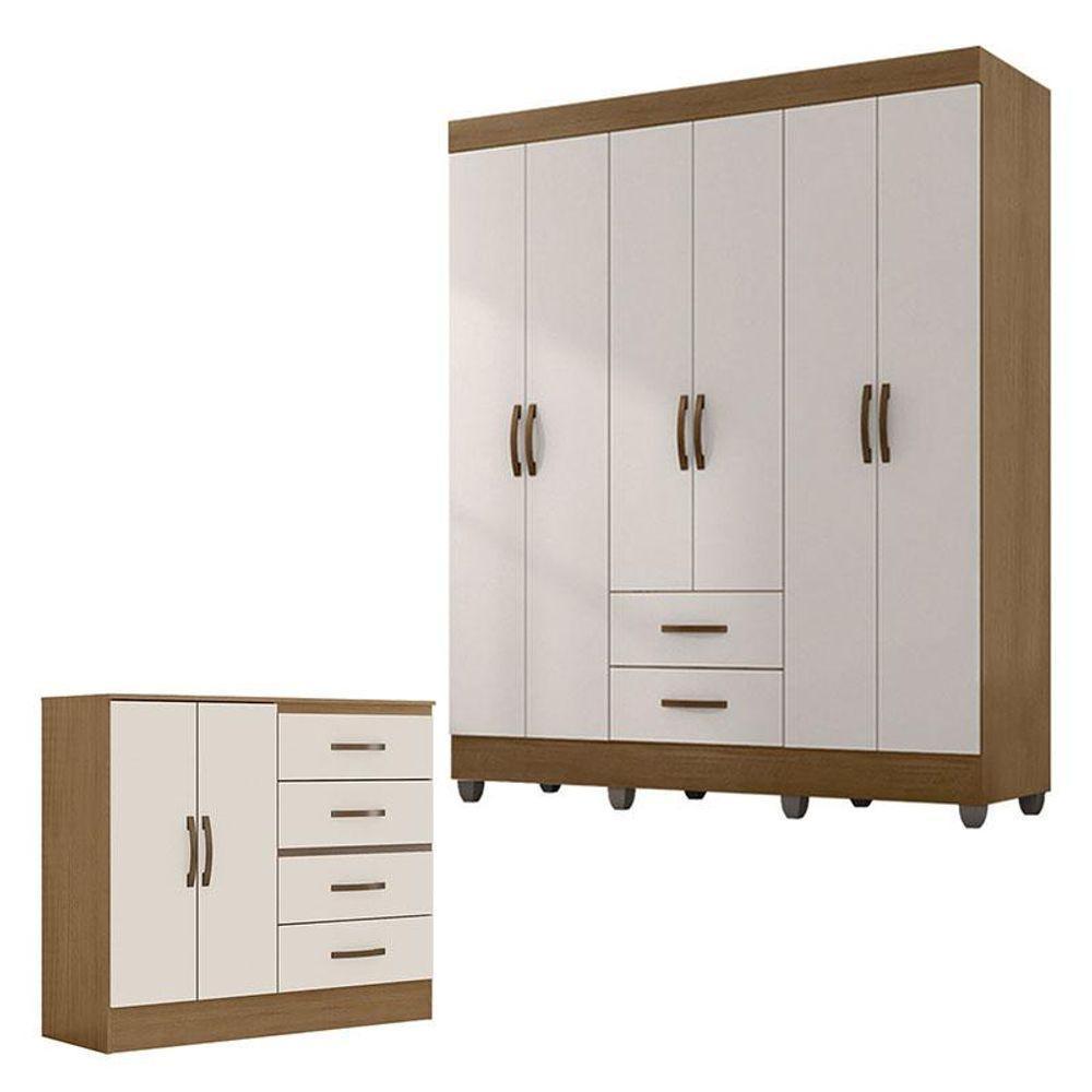 Guarda Roupa Casal 6 Portas E Cômoda 4 Gavetas 2 Portas Lite Nature Off White - Móveis Leão - 1