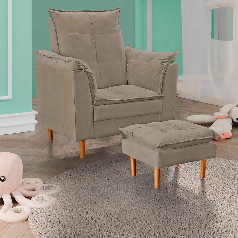 Poltrona De Amamentação Com Puff Quarto Bebê Leticia Suede Bege Escuro - 5