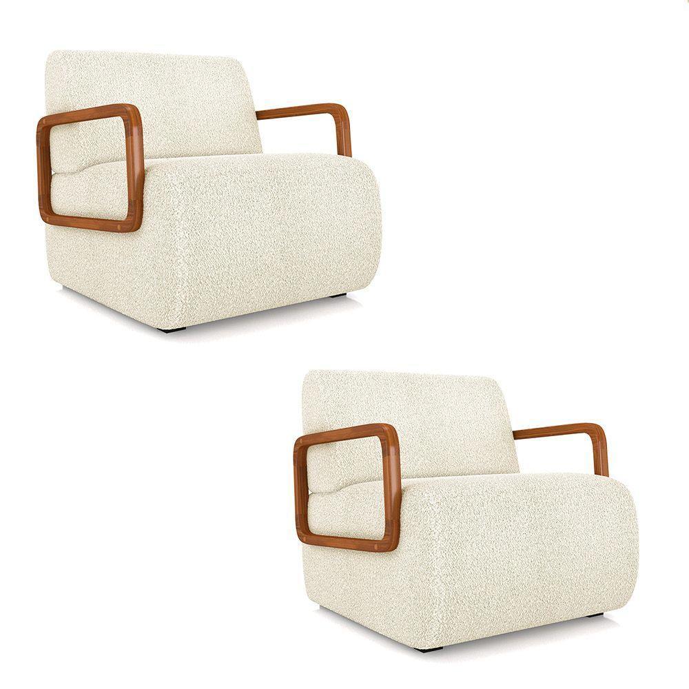 Poltrona Sala De Estar Braço De Madeira Kit 2 Hellen Bouclê Bege K01 - D'rossi - 1