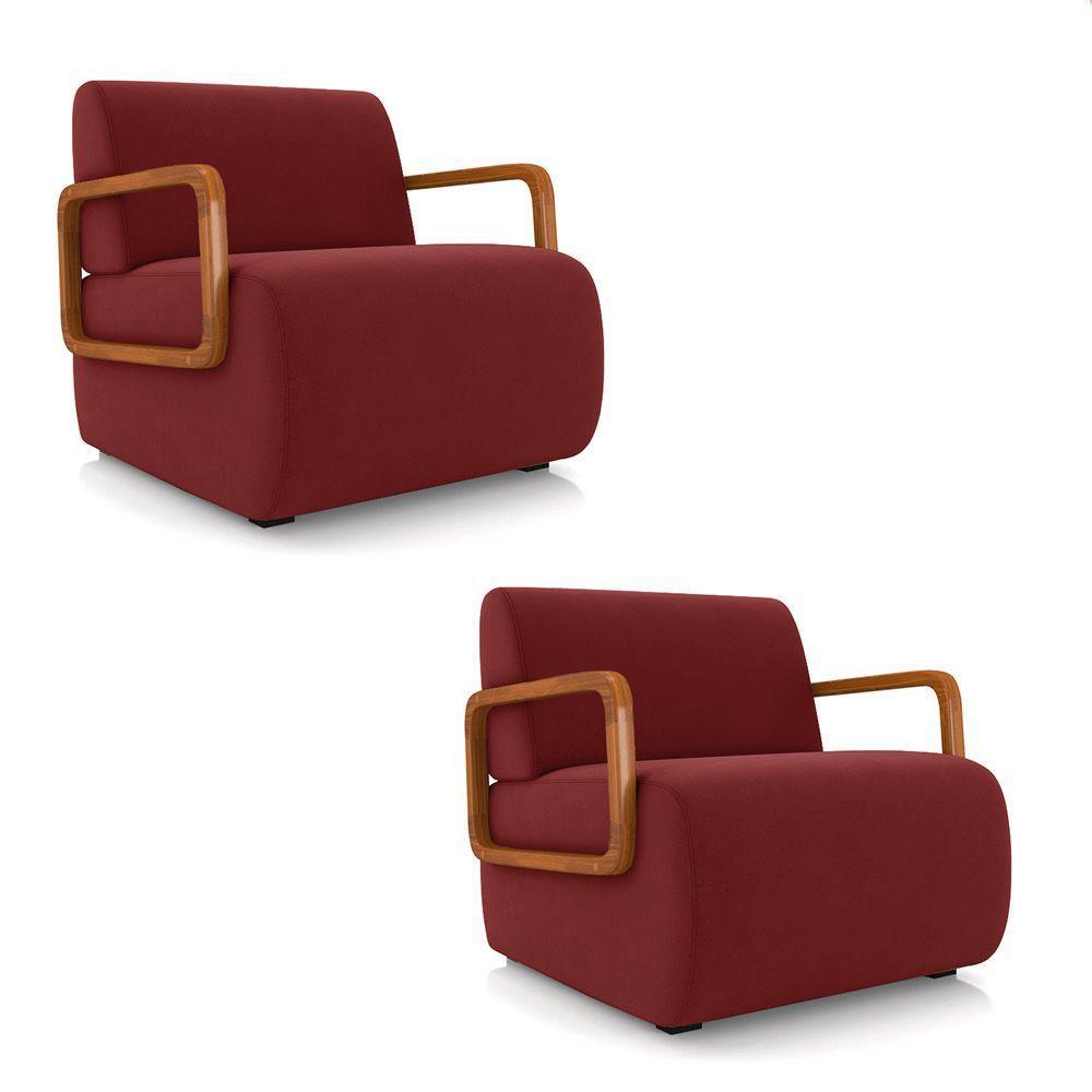 Poltrona Sala De Estar Braço De Madeira Kit 2 Hellen Veludo Vermelho K01 - D'rossi - 1