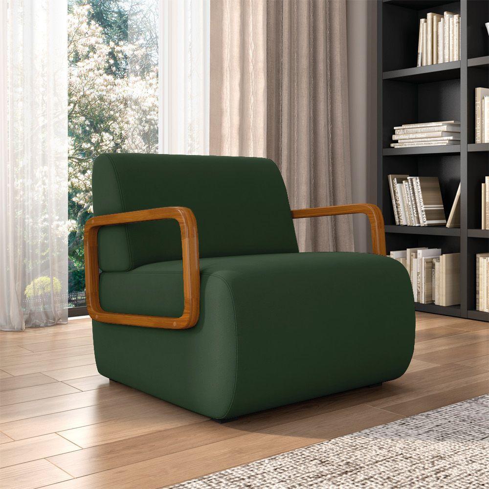 Poltrona Sala De Estar Braço De Madeira Hellen Veludo K01 - D'rossi Cor Verde - 6