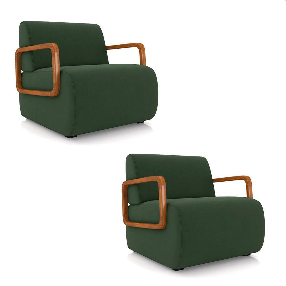 Poltrona Sala De Estar Braço De Madeira Kit 2 Hellen Veludo K01 - D'rossi Cor Verde - 1