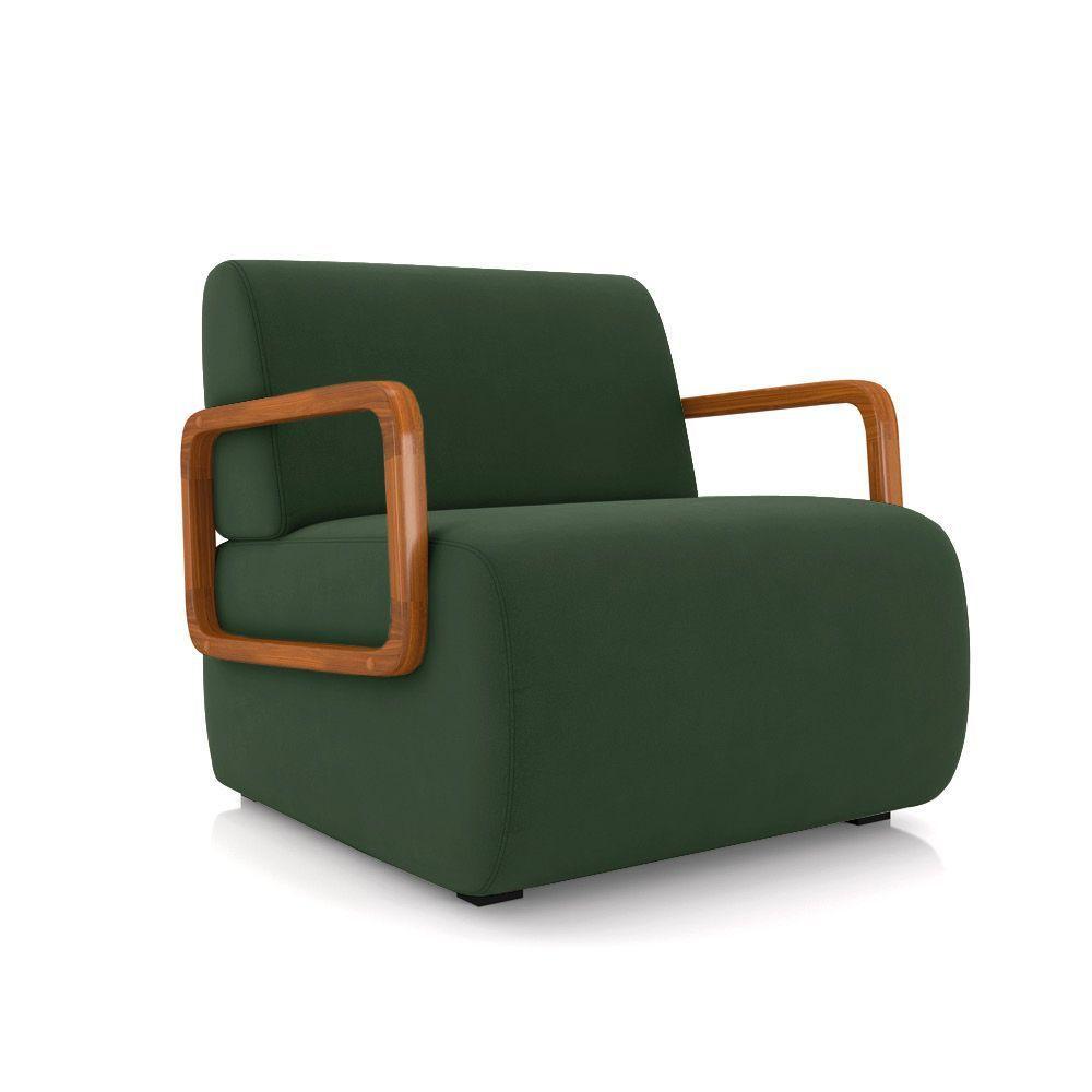 Poltrona Sala De Estar Braço De Madeira Kit 2 Hellen Veludo K01 - D'rossi Cor Verde - 7