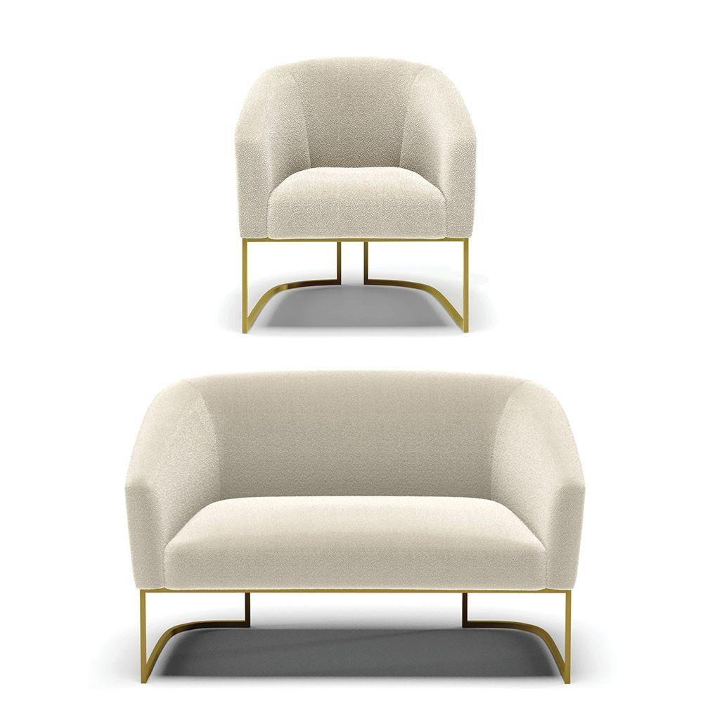 Sofá Namoradeira E Poltrona Industrial Dourado Stella Bouclê D03 - D'rossi Cor Verde - 1