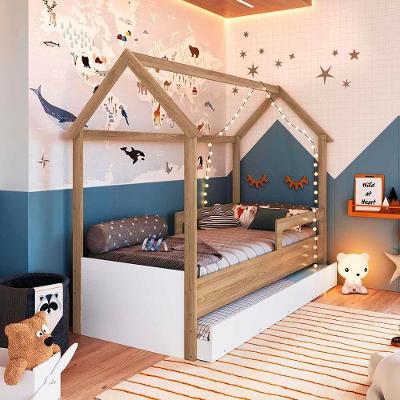 Cama Infantojuvenil Casinha Com Auxiliar E 2 Colchões Aveiro Oak Branco Sonho Completa Móveis