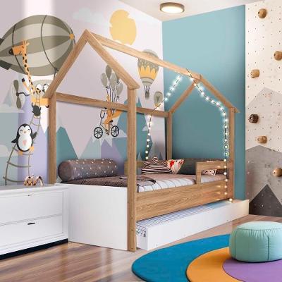 Cama Infantojuvenil Solteiro Com 2 Colchões E Auxiliar Casinha Aveiro Oak Branco Carrossel Jm Mó