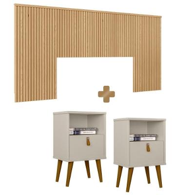 Kit Para Quarto Cabeceira Queen Casal Ripada Com 2 Mesas De Cabeceira Carvalho Jm Móveis