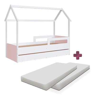 Bicama Casinha Montessori Com 2 Colchões Solteiro Branco Rosa Sorriso Jm Móveis