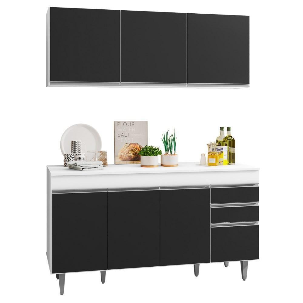 Armário Aéreo Argélia E Balcão Gabinete Para Pia 150cm Com Tampo Branco-preto - Lumil Móveis - 1