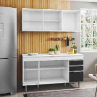 Armário Aéreo Argélia E Balcão Gabinete Para Pia 150cm Com Tampo Branco-preto - Lumil Móveis