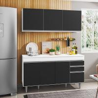 Armário Aéreo Argélia E Balcão Gabinete Para Pia 150cm Com Tampo Branco-preto - Lumil Móveis - 5