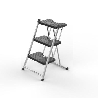 Escada Doméstica Alcance 3 Degraus Aço-Carbono Cromada Dobrável 120kg Anodilar