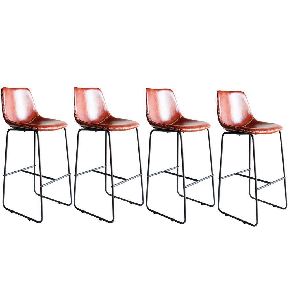 Kit Com 4 Banquetas Oxford Assento Em Couro Ecológico E Base Cromada Fratini Conhaque - 1