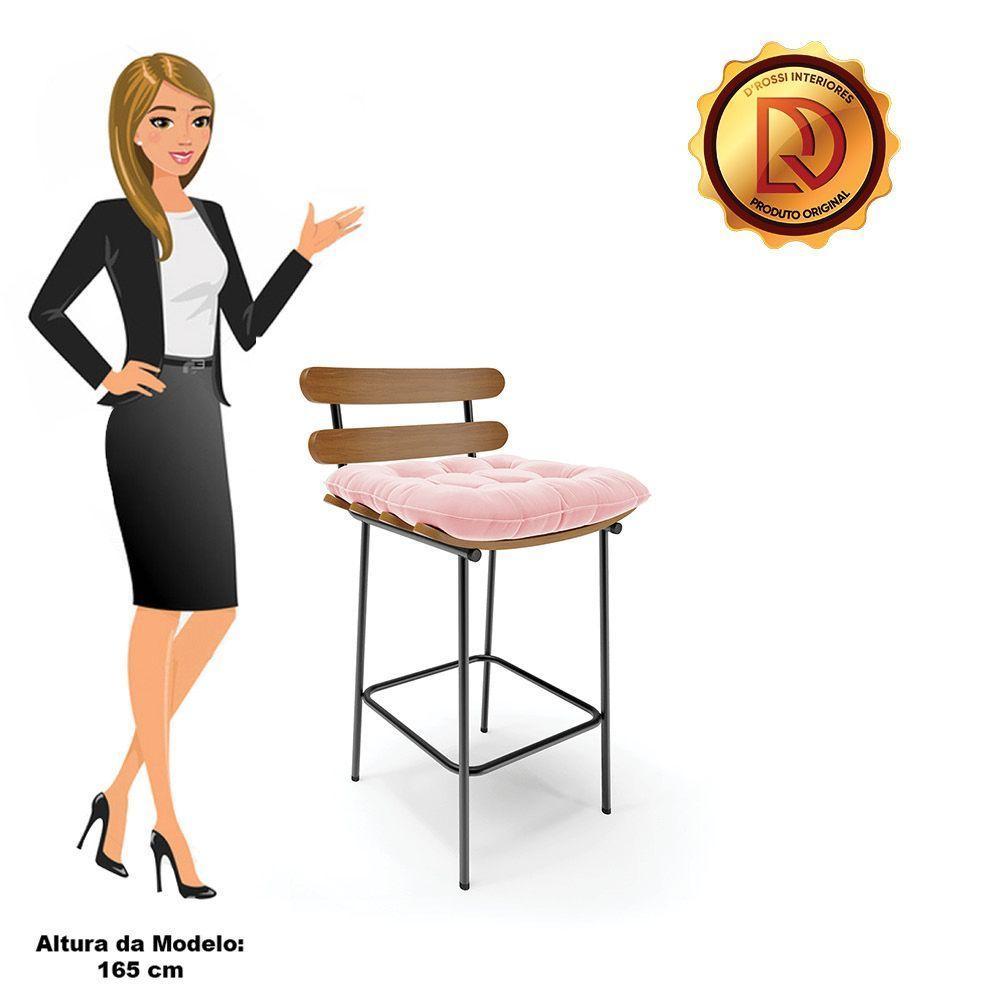 Banqueta Costela Suede Base Metálica Preto Cor Rosa Bebê - 4