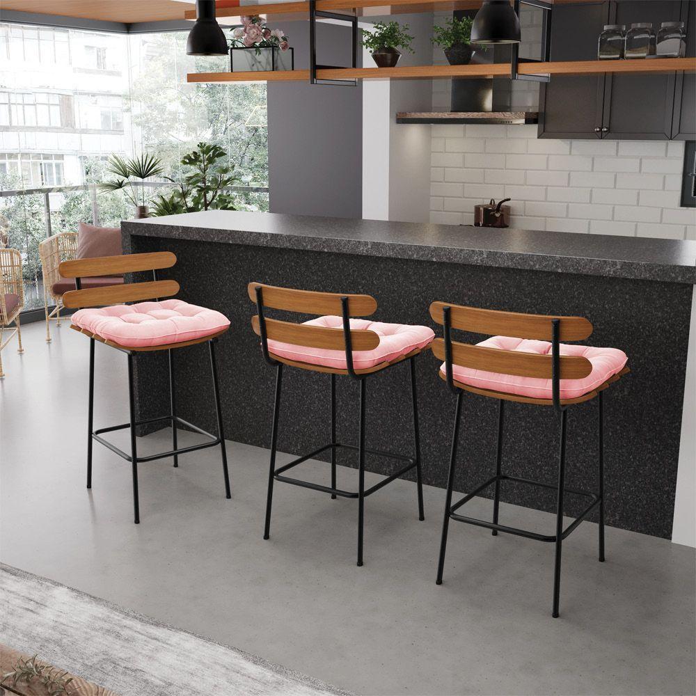 Banqueta Costela Suede Base Metálica Preto Cor Rosa Bebê - 8