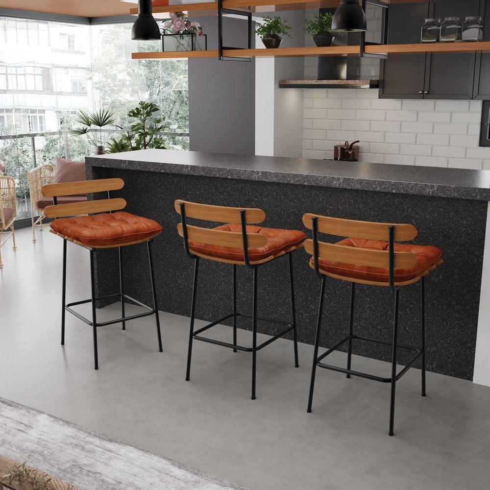 Banqueta Costela Corano Base Metálica Preto Cor Nozes - 9