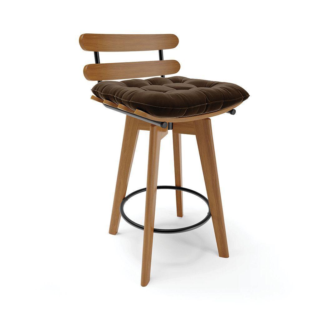 Banqueta Giratória Costela Suede Base Madeira Marrom - 1