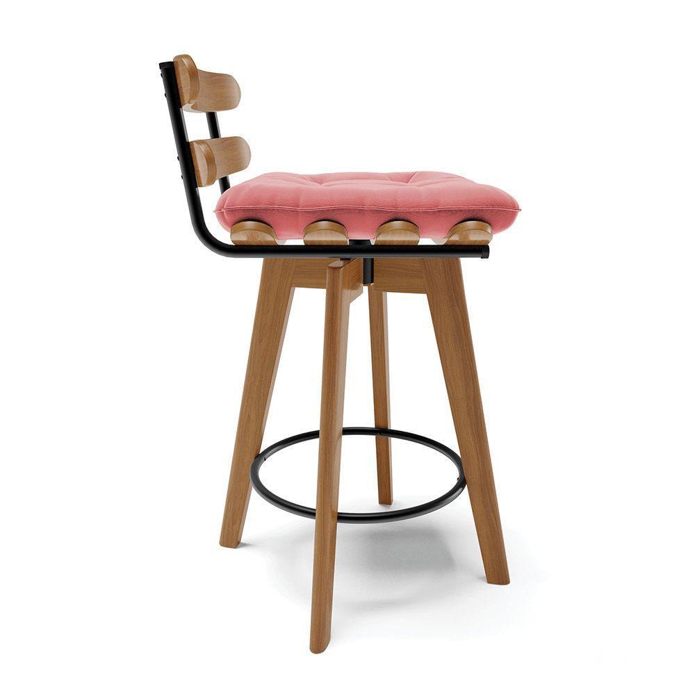 Banqueta Giratória Costela Suede Base Madeira Ma70 Cor Rose - 5