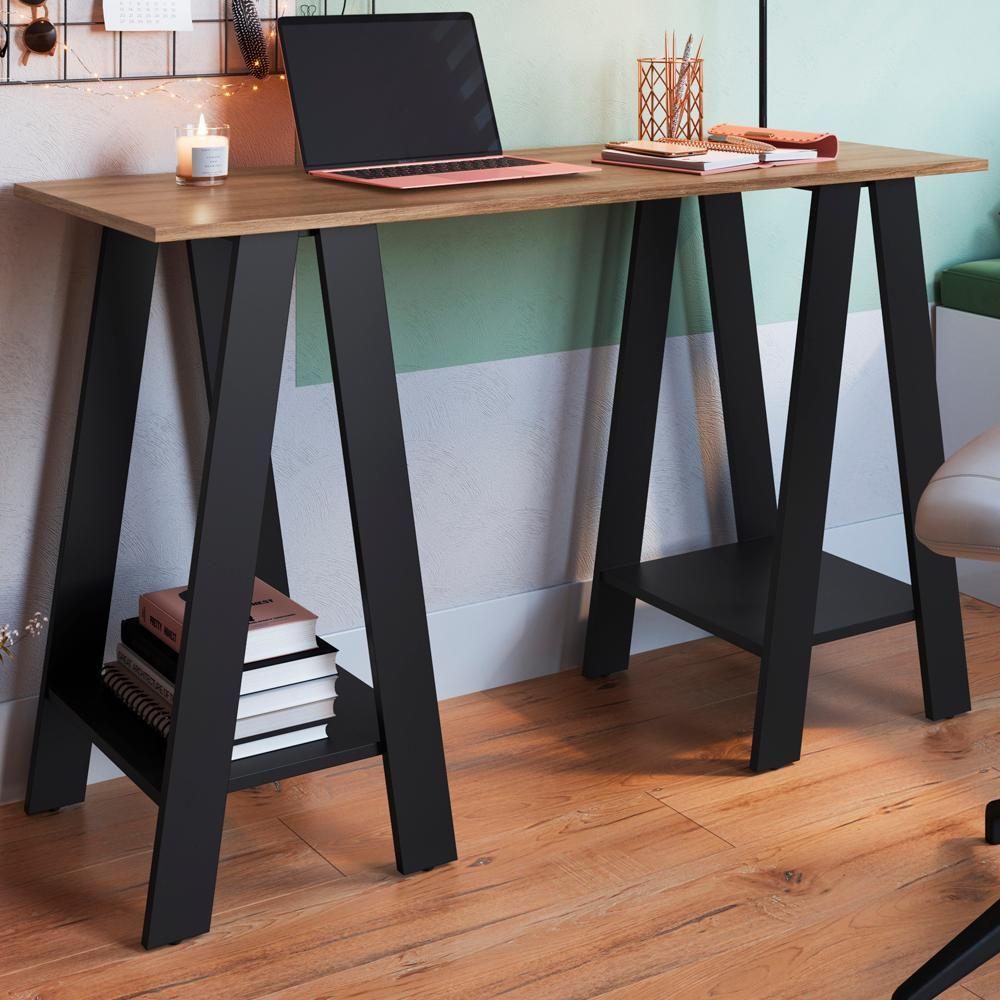 Escrivaninha Mesa Escritorio Cavalete 2 Prateleiras Mell Preto B61 Novam Mell Preto - 7