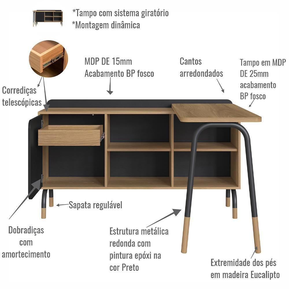 Mesa Escrivaninha Giratoria 28005 Hanover Nero Artesano Hanover Nero - 10
