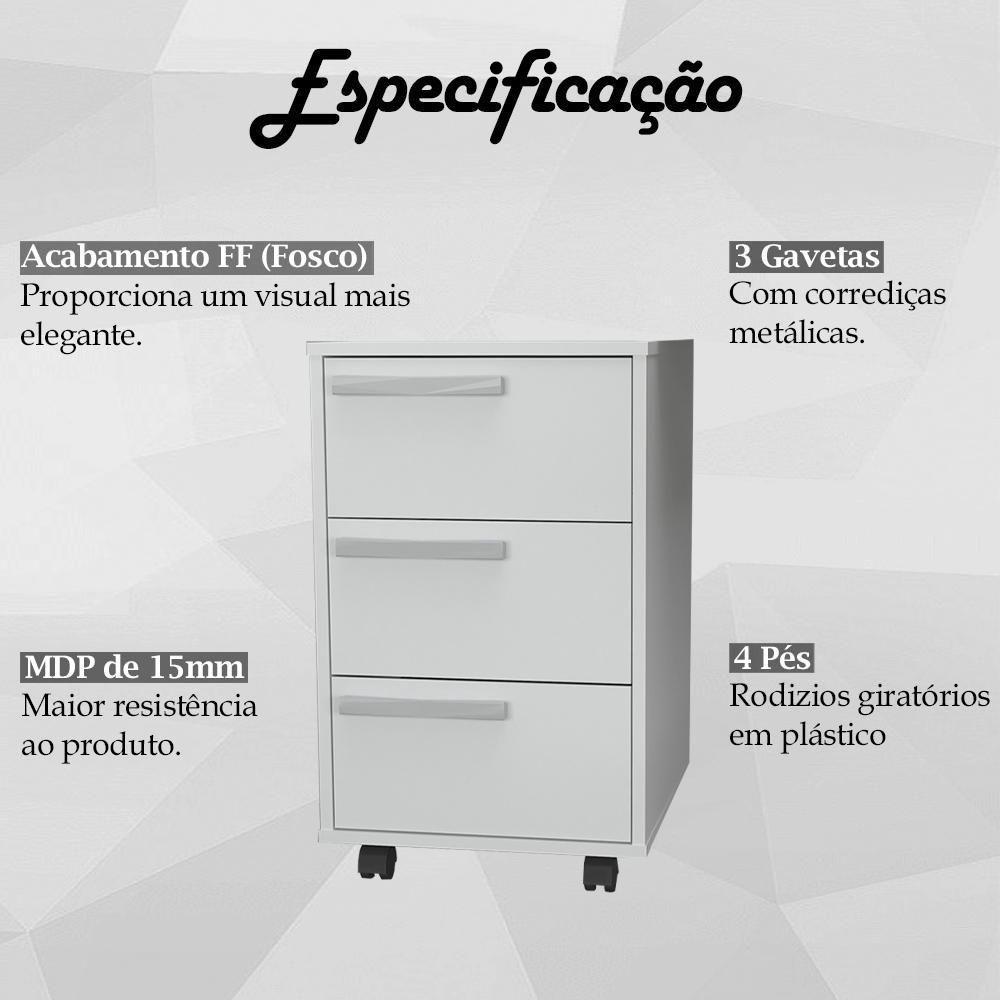 Gaveteiro Para Escritorio Gamer 3 Gavetas E 4 Rodizios Branco B26 Novam Branco - 8