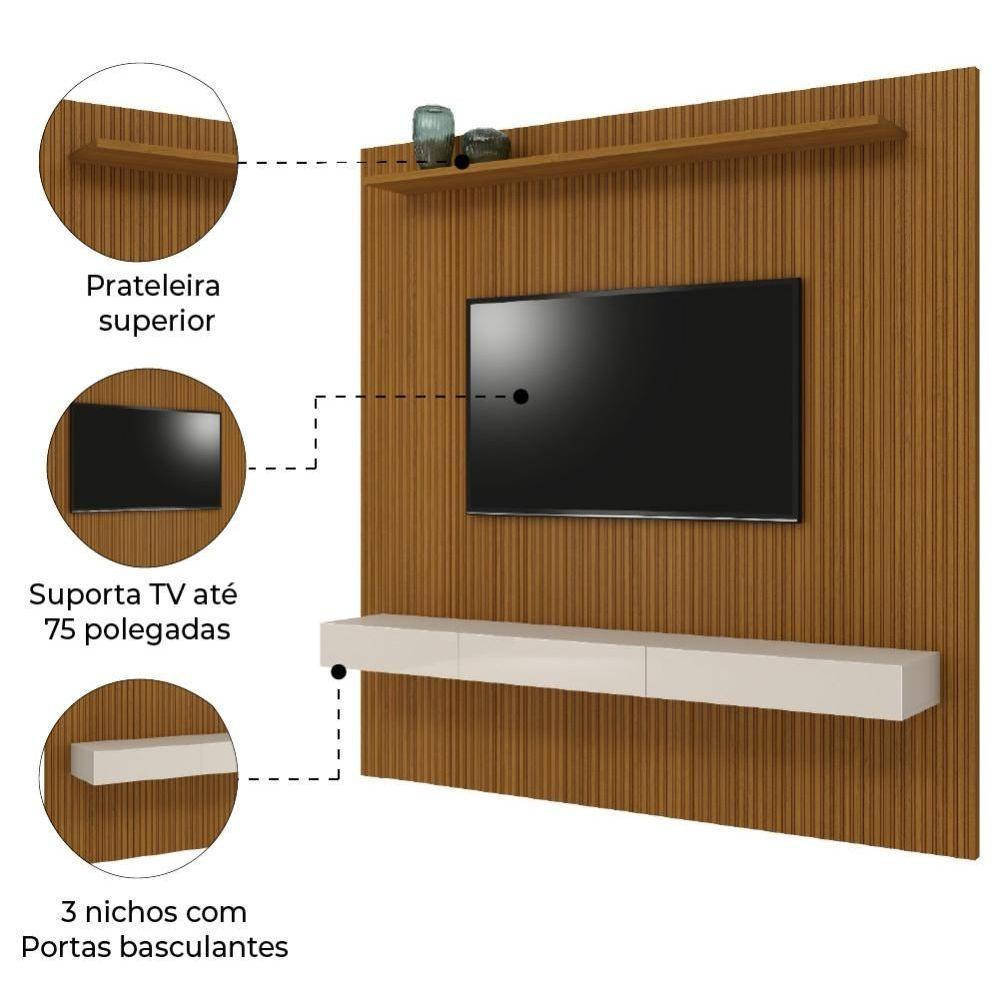 Painel Para Tv Até 75 Polegadas Ripado Impressão 3D Egeo Com Prateleira 2,25M Cedro Edn Cedro - 4