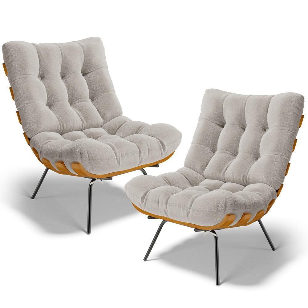 Kit 2 Poltronas Decorativas Sala De Estar Costela L02 Bouclê Creme - Lyam Decor - 1