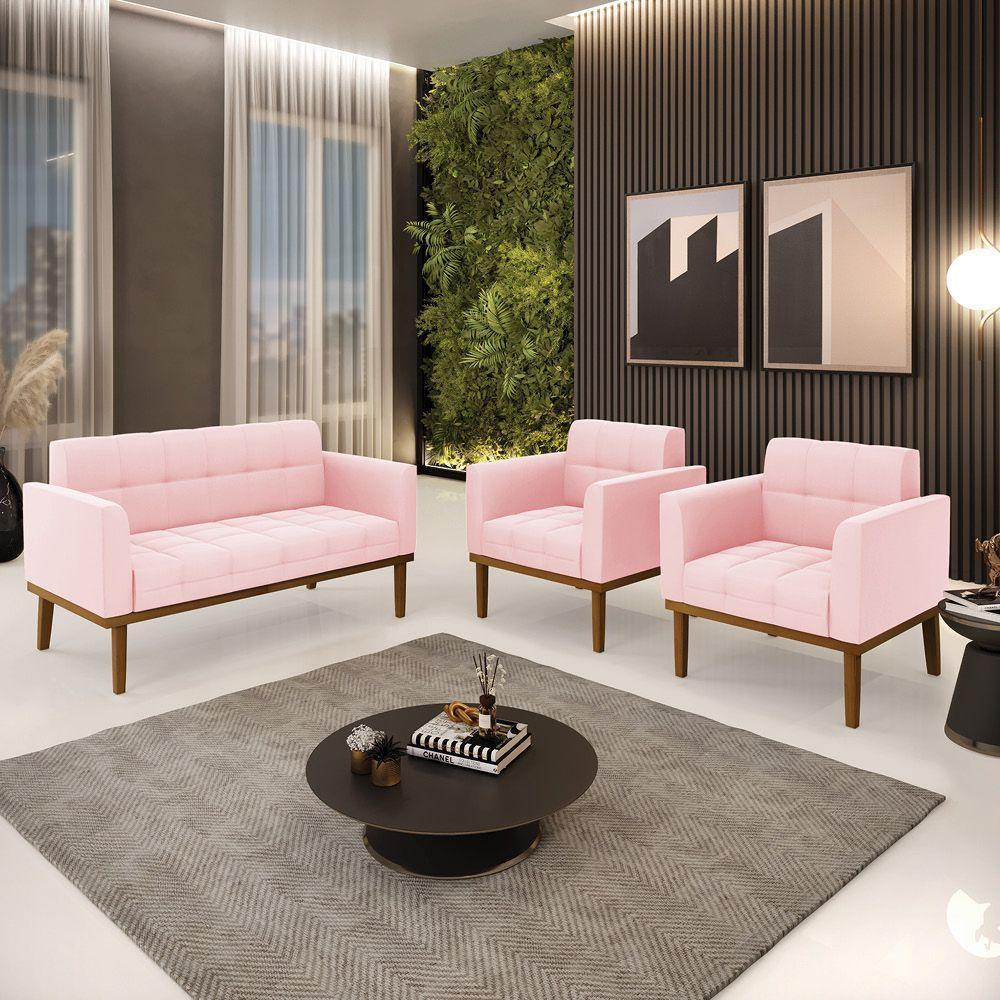 Conjunto 2 Poltronas E 1 Namoradeira Decorativa Pés Fixo Em Madeira Castanho Suede Rosa Bebê - 7