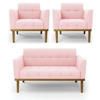 Conjunto 2 Poltronas E 1 Namoradeira Decorativa Pés Fixo Em Madeira Castanho Suede Rosa Bebê - 1