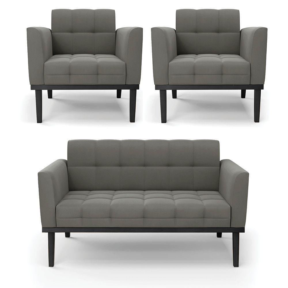 Conjunto 2 Poltronas E 1 Namoradeira Decorativa Pés Fixo Em Madeira Preto Suede Grafite - 7