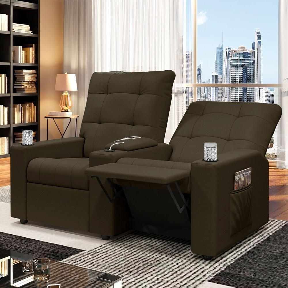 Poltrona Do Papai Reclinável Cinema 2 Lugares Manual Baú Usb Haifa F05 Veludo Capuccino - Lyam Decor - 7