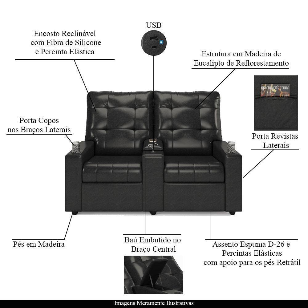 Poltrona Do Papai Reclinável Cinema 2 Lugares Manual Baú Usb Haifa F05 Facto Preto B - Lyam Decor - 5