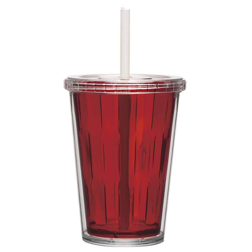 Jogo De Copos 02 Casal Duplo Multiuso 670ml Com Tampa Canudo Cor:vermelho - 1