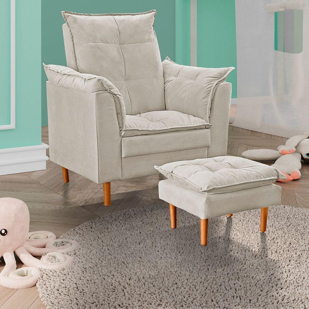 Poltrona De Amamentação Com Puff Quarto Bebê Vitória Suede Cor:bege - 2