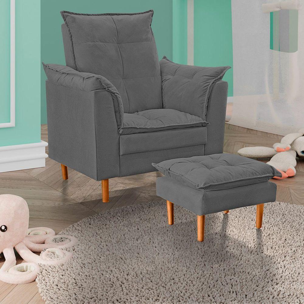 Poltrona De Amamentação Com Puff Quarto De Bebê Bia Suede Cor:cinza - 3