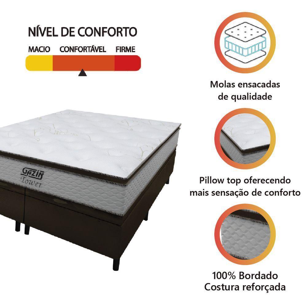 Cama Box Baú King Gazin Colchão Molas Ensacadas Com Pillow Top Tower 193x203x75cm Branco-marrom - 2
