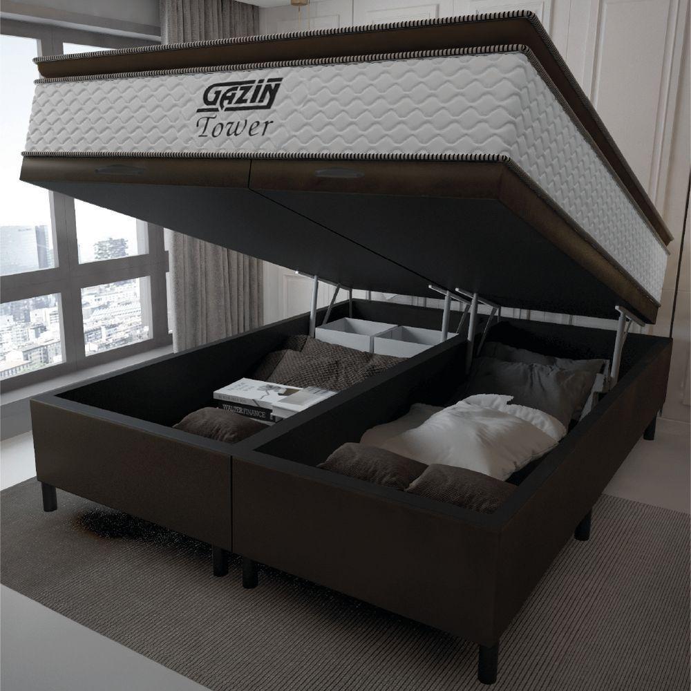 Cama Box Baú King Gazin Colchão Molas Ensacadas Com Pillow Top Tower 193x203x75cm Branco-marrom - 5