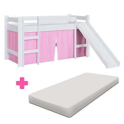 Cama Cabaninha Infantil Montessori Com Colchão Escorregador Branco E Cortina Rosa Cirion Jm Móveis
