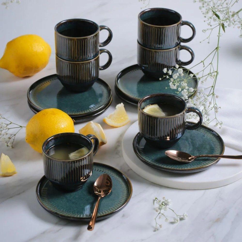 Conjunto De Xícara De Chá Empilhável Com Pires 06 Peças Linhas Oceano Porto Brasil - 3