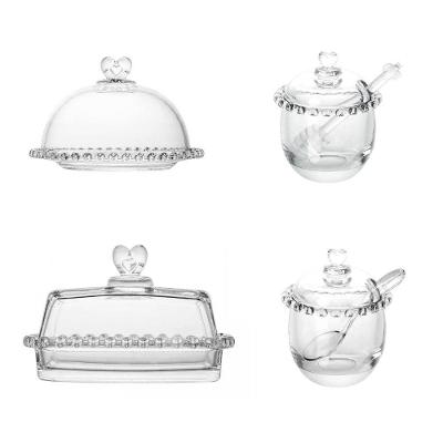 Kit Queijeira Manteigueira Meleira e Açucareiro Coração em Cristal Transparente Lyor