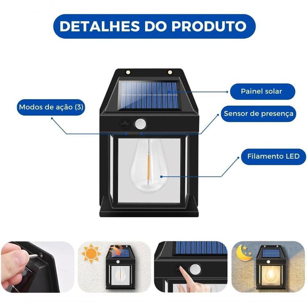 Luminária Solar Externa Potente Arandela Energia Solar, Lâmp - 5