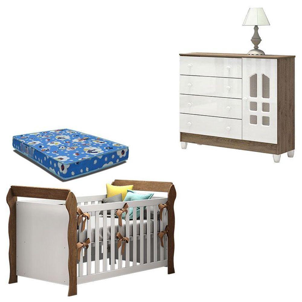 Berço Americano Lara E Cômoda Selena Branco Acetinado Amadeirado Com Colchão - Carolina - 1