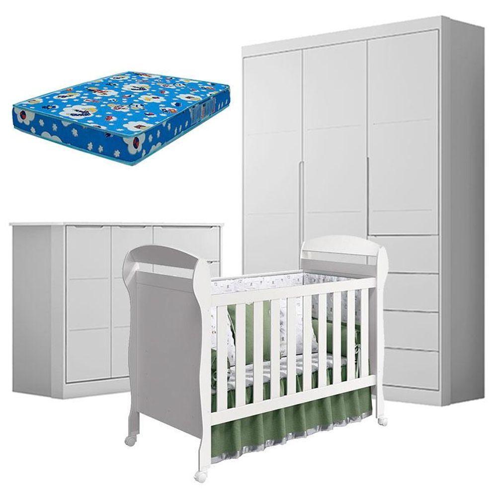 Quarto De Bebê Eloá Com Berço Americano Danny Branco Acetinado E Colchão Da Ortobom - Phoenix Baby - 1