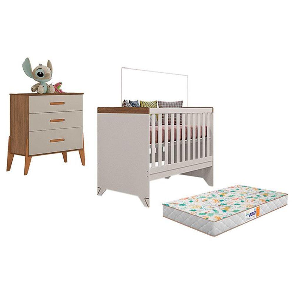 Berço Americano Retro Maya E Cômoda Gaveteiro Emilly Off White Carvalho Com Colchão Gazin - Canaã - 1