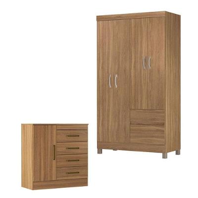 Cômoda e Guarda Roupa Solteiro Montevidéu Lótus 5 Portas 6 Gavetas MDP Amêndola Touch