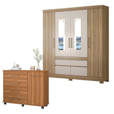 Cômoda e Guarda Roupa Casal Flora Bilbao 5 Portas 8 Gavetas em MDP com Espelho Amêndola Touch