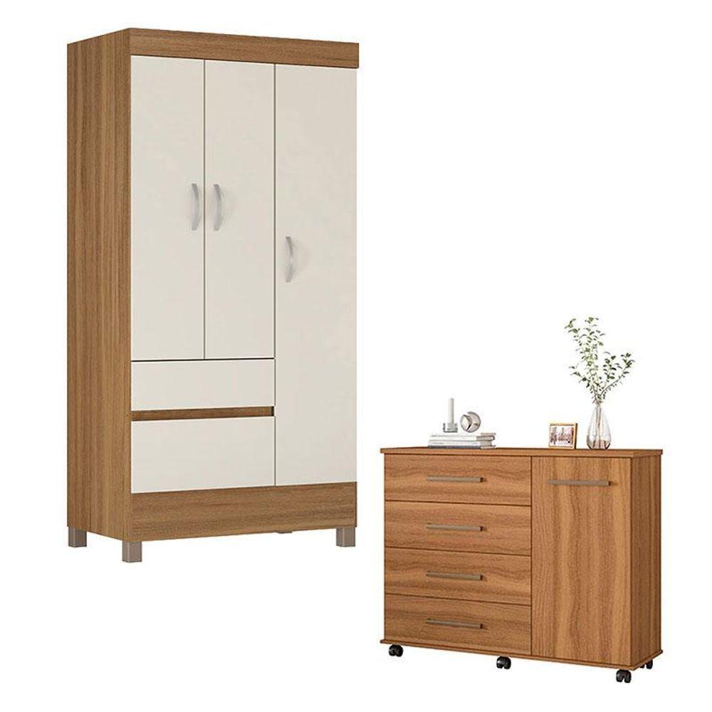 Cômoda Flora E Guarda Roupa Solteiro Wind Amêndola Off White - Demóbile - 1