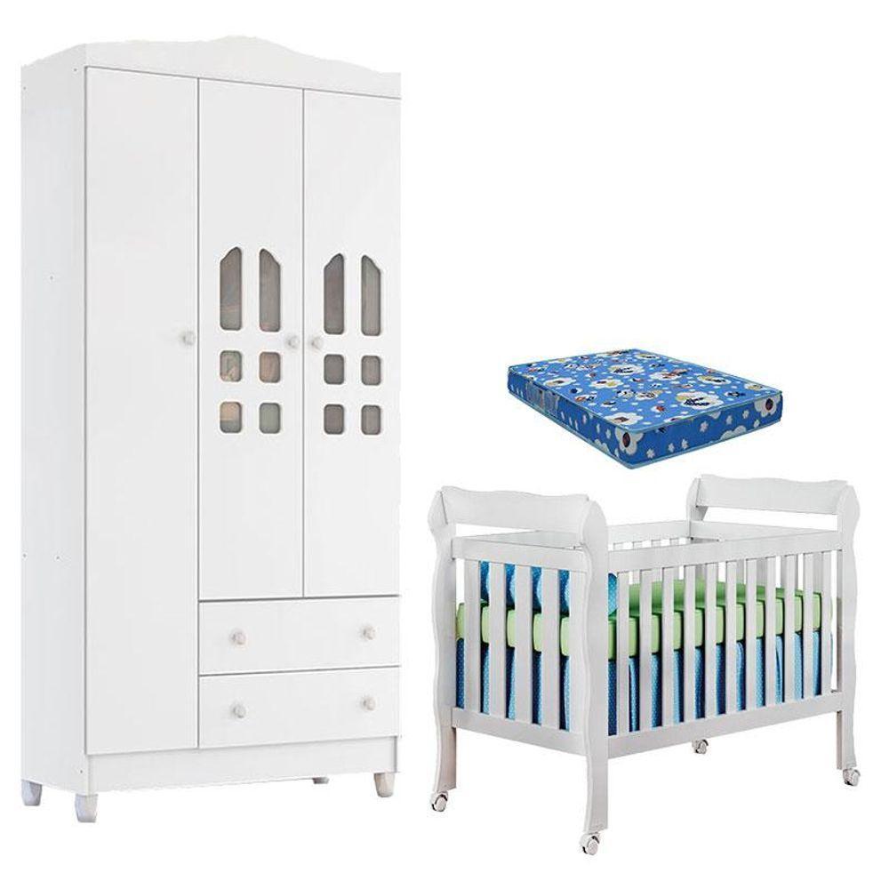 Berço Americano E Guarda Roupa Infantil New Selena 3 Portas Branco Brilho Com Colchão Ortobom - 1